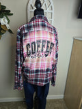 Coffee addict bleached flannel.  Size Large - Red & Blue Plaid
