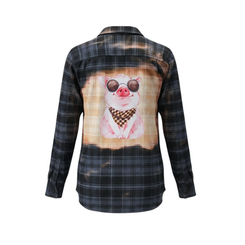Black Bleached Flannel with Cute Pig. Size Small