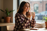 Woman holding a steaming cup of coffee in a cozy indoor setting with books and plants.