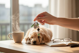 Person holding a dog tag with a dog lying on a table next to a cup of coffee and glasses.