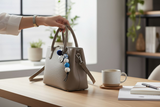 Person holding a beige handbag with decorative charms on a wooden table.