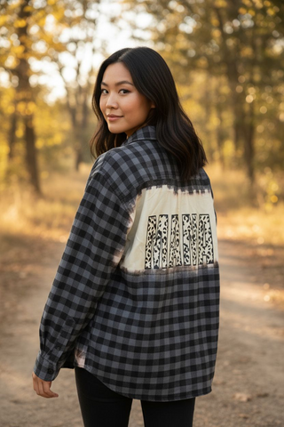 Black and Gray Flannel.  Size Large.  Mama in Leopard Block Letters.