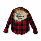 Red and black bleached flannel.  Size XS.  Explore More.