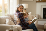 Woman sitting on a couch with two children, reading a book in a cozy living room.