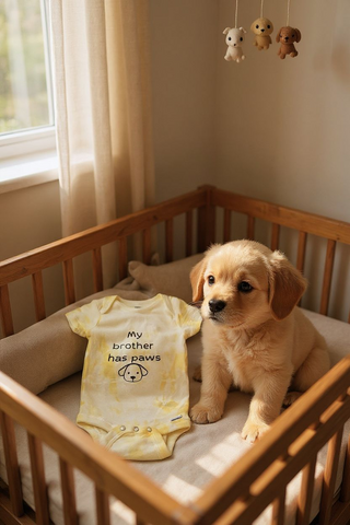 Hand dyed yellow baby bodysuit.  My brother has paws.