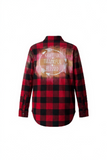 Red and black bleached flannel.  Size Small.  Grateful, Thankful, Blessed