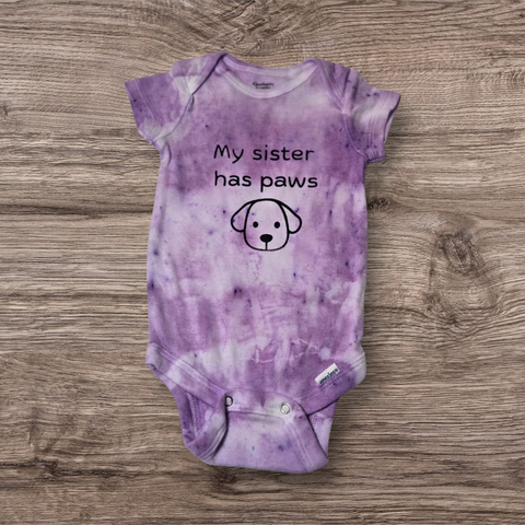 Hand dyed purple baby bodysuit.  My sister has paws.