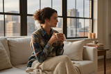Woman sitting on a couch holding a mug with a cityscape view through large windows.