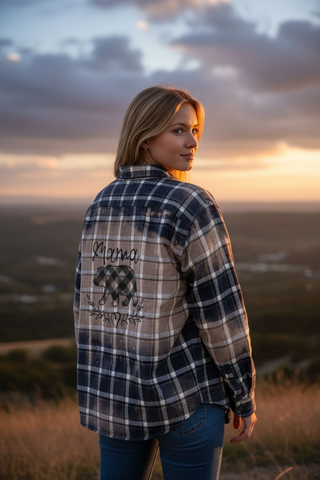 Blue Plaid Bleached Flannel.  Size Large.  Mama Bear.
