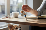 Person holding a keychain with a paw print on a wooden table with a dog, coffee cup, and glasses.
