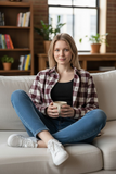Woman sitting on a couch holding a mug in a cozy living room.