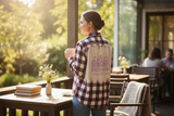 Woman standing on a patio holding a mug, wearing a plaid shirt with a visible message.