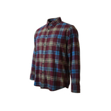 Plaid shirt with a pattern of red, blue, and beige on a white background