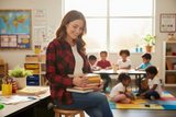 Teacher holding books in a classroom with students playing in the background
