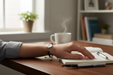 Person's hand on a notebook with a cup of coffee and books in the background