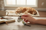 Hand holding a keychain with a paw print charm on a table with a dog in the background.
