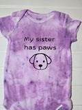 Hand dyed purple baby bodysuit.  My sister has paws.