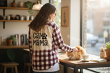 Woman wearing a 'Cat Mama' shirt petting an orange cat in a cozy cafe.