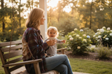 Woman and child sitting on a swing in a garden at sunset