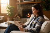 Woman reading a book in a cozy living room with a fireplace.