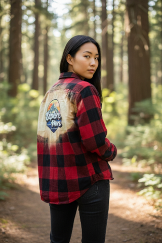 Red and black bleached flannel.  Size XS.  Explore More.